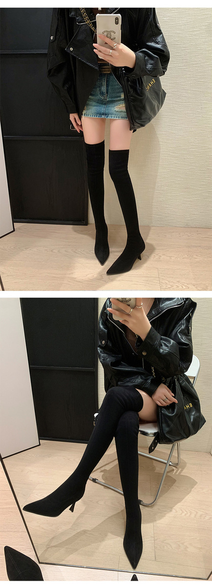 Boot nữ cổ cao qua gối mũi nhọn gót nhỏ chất liệu da lộn co giãn — Lớp lót đơn màu kaki, Lớp lót đơn màu xám, Lớp lót nhung đen, Lớp lót nhung kaki