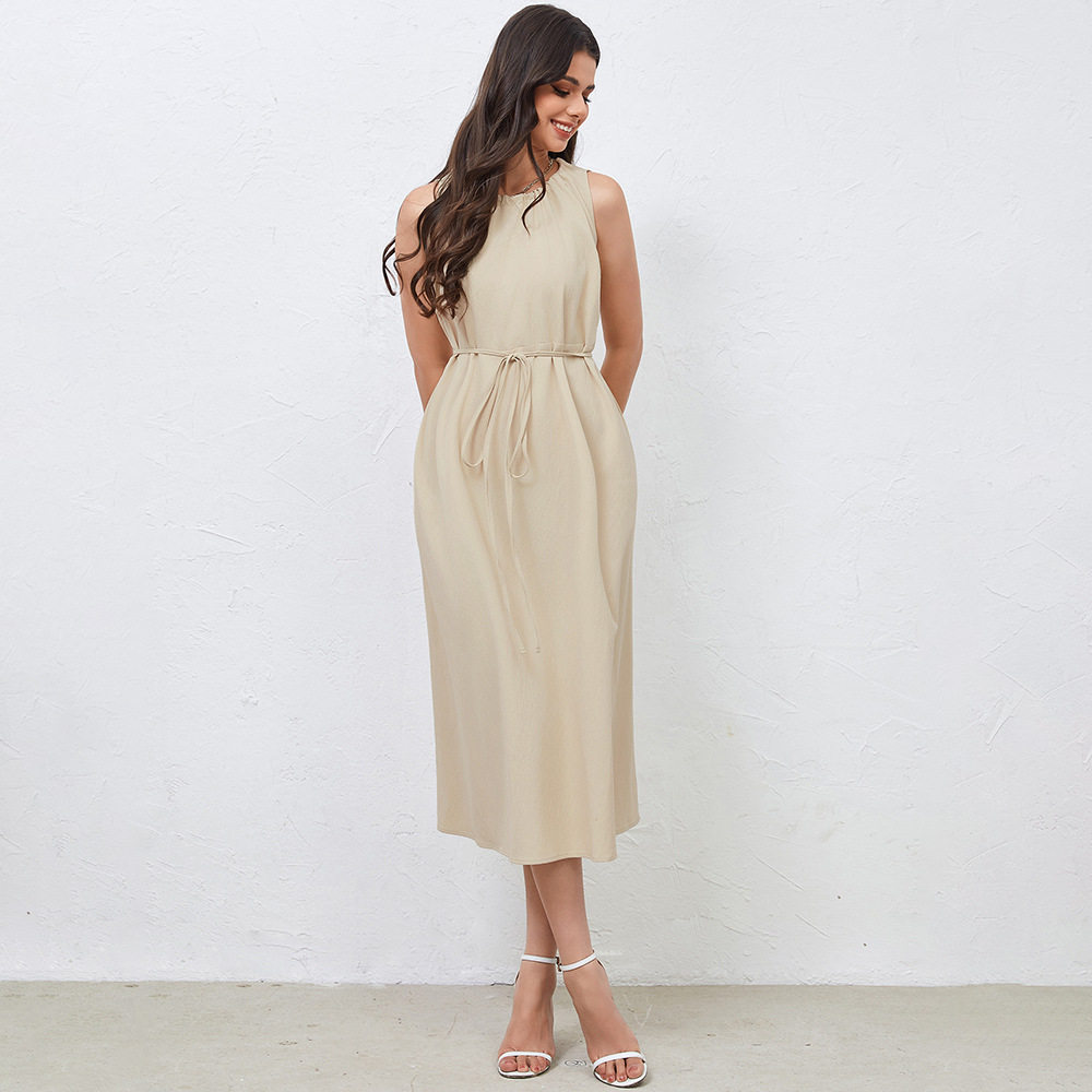 Elegant Casual Dress with Waist Tie and Pleated Back Slim Fit Stylish Design Perfect for Spring and Summer Wholesale