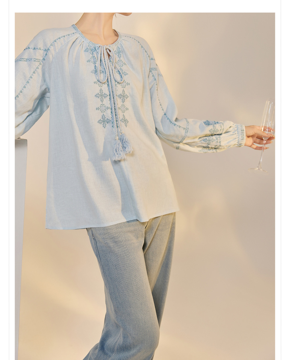 Áo sơ mi nữ linen dài tay thêu họa tiết dáng rộng — Màu trắng be, Màu xanh đậm, Màu xanh lam nhạt
