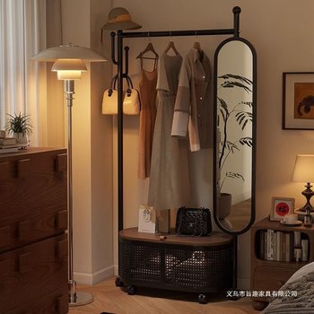Coat Rack, Mirror, Integrated Bedroom Floor-Standing Roller, Full-Body Mobile Floor-Standing Clothes Rack, Fitting Rack Storage