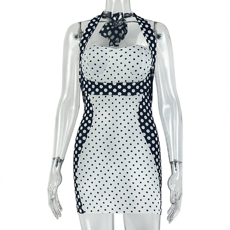 Black and White Color Block Bodycon Dress Halter Neck Stylish Design Streetwear Fashion Perfect for Parties and Night