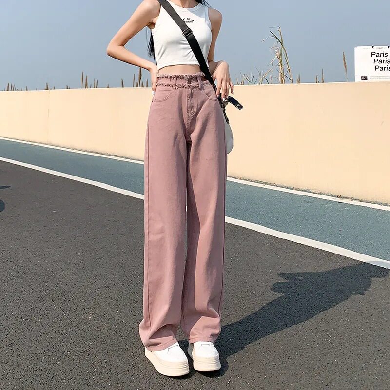 Pink High Waisted Denim Pants Slim Fit Loose Wide Leg Trendy Straight Cut Frayed Hem Casual Everyday Wear