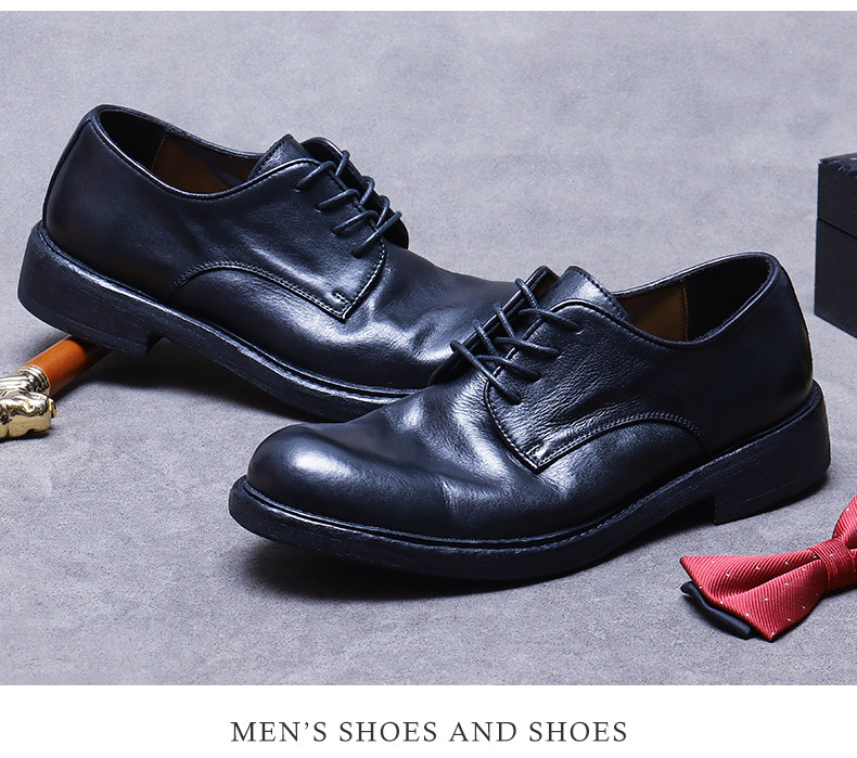 Giày Derby nam da bò thật mũi tròn đế da khâu tay Goodyear — Màu đen