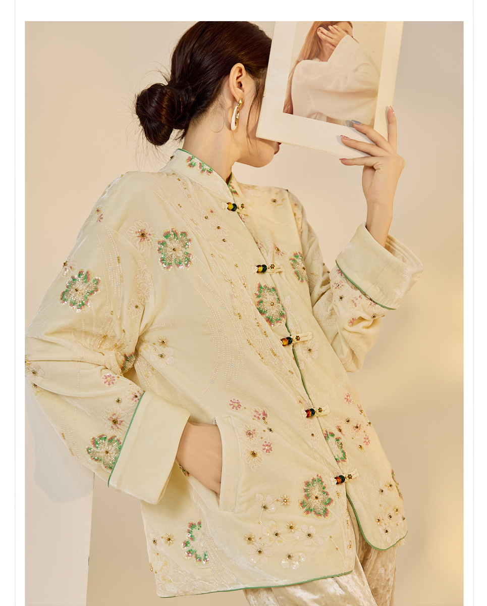 Áo khoác dạ nữ thêu cườm cổ đứng dáng suông — mơ, Mơ [phiên bản cotton]