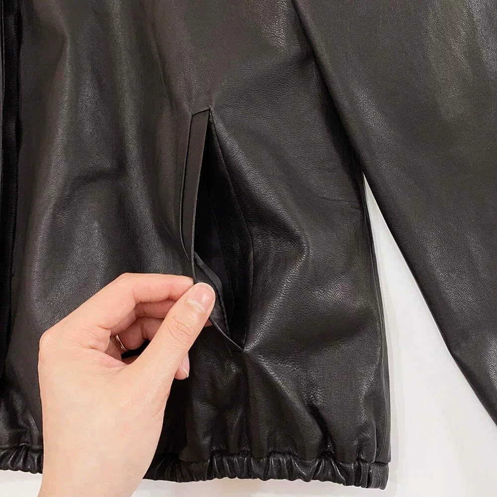 Áo khoác da cừu nữ dáng ngắn cổ tròn phong cách thanh lịch — màu đen