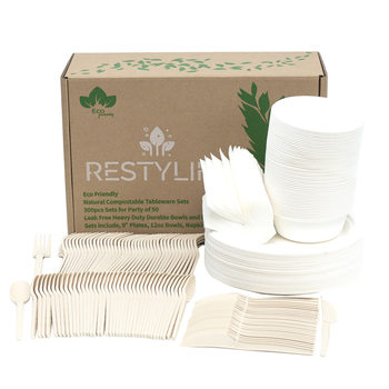 Cross-border export degradable environmentally friendly pulp bagasse disc PLA knife, fork and spoon bowl Cup chopsticks tableware suit