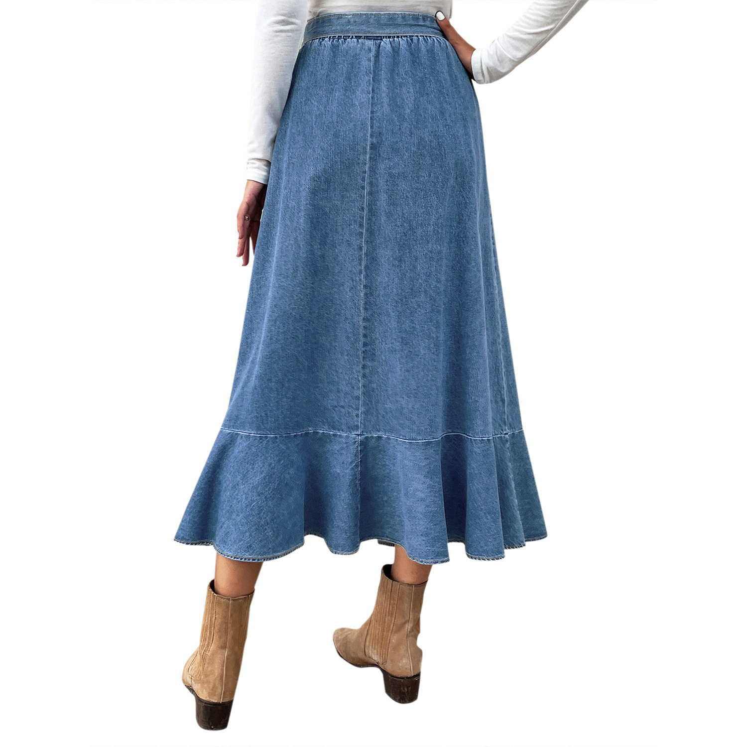High Waisted Denim Skirt Mid Length Ruffled Hem Pleated Design Casual Wear for Women Wholesale Available