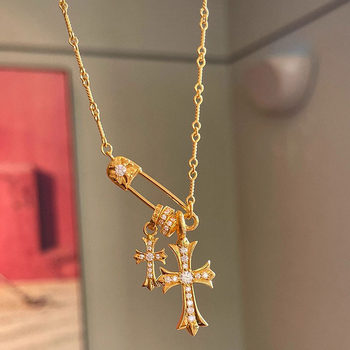Xiaohongshu's Popular Pin-Inlaid Cross Pendant Necklace for Women, Unique Niche Chain Clavicle Necklace, One-Piece Wholesale