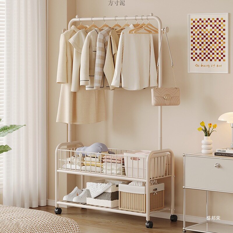 Simple Floor-Standing Clothes Hanger for Home Use, Mobile Bedroom Bedside Clothes and Bag Storage Rack, Coat Rack