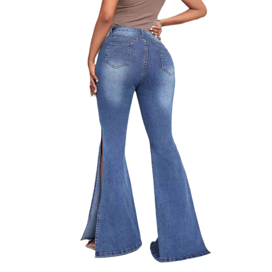High Waisted Flared Jeans Slim Fit Split Hem Stretch Denim Casual Wear for Women Wholesale Available