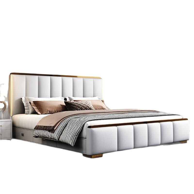 意式轻奢真皮床带灯多功能储物大床主卧1.8m双人床现代简约婚床