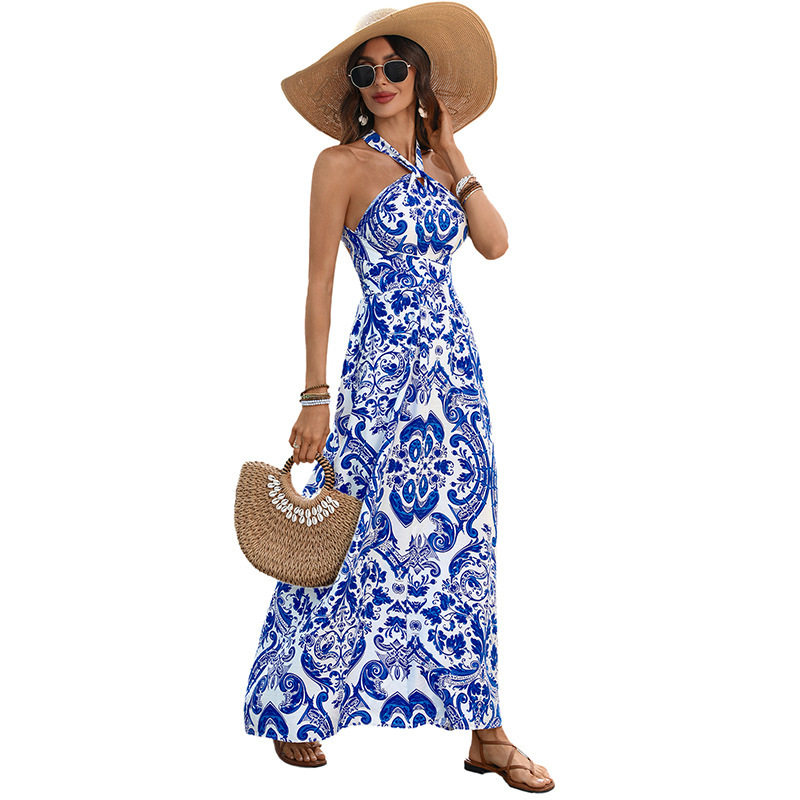 Vintage Floral Print Halter Backless Dress Elegant Blue and White Porcelain Design Perfect for Summer Vacations