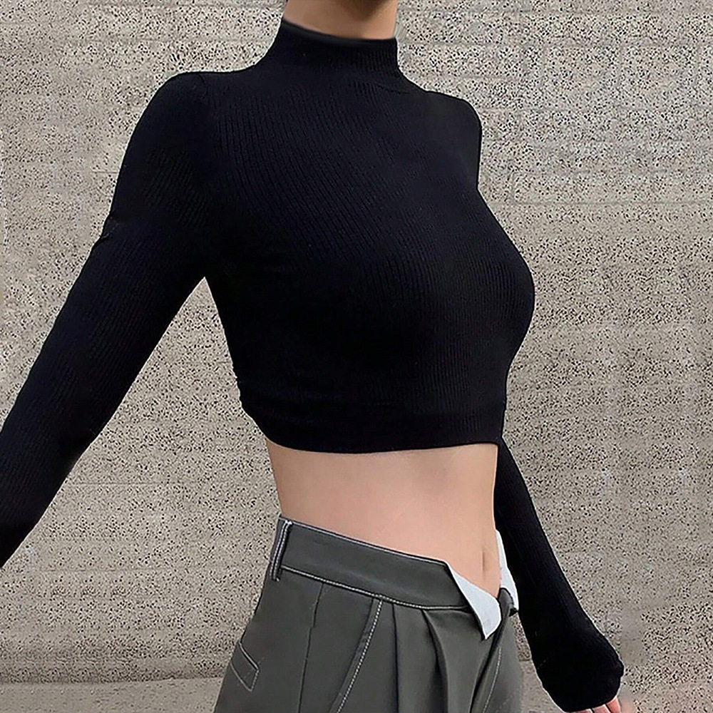 Slim Fit Half Turtleneck T Shirt Sexy Backless Design Long Sleeve Short Crop Spring Summer Womens Fashion