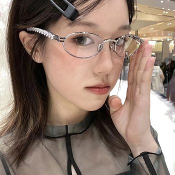 Jennie Oval Diamond Glasses for Women, High-End Metal Heart Rhinestone Frames, Plain Decorative Myopia Flat Glasses