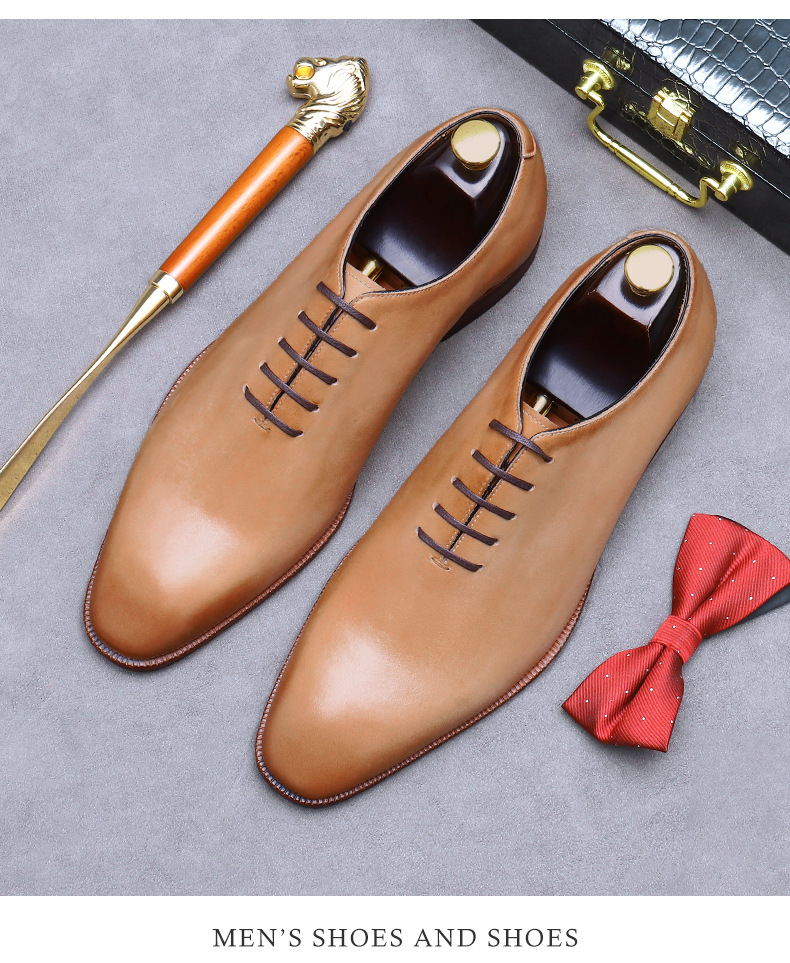 Giày Oxford nam da bò nguyên tấm lót da thật, giày công sở lịch lãm — Màu xanh lục nhạt, Màu vàng đất