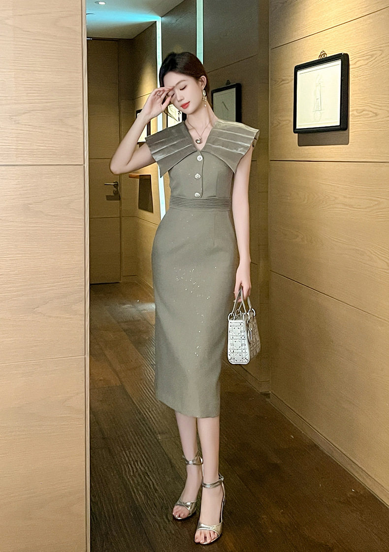 Đầm ôm body nữ tay lỡ cổ V cao eo, thiết kế slim fit mùa hè — [Nâu] chi tiết 5