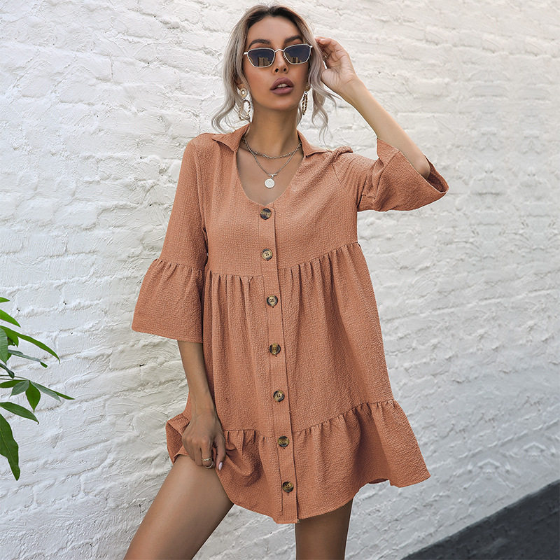 Loose Fit Solid Color Doll Dress Short Sleeve Lapel Design Casual Style Perfect for Spring and Summer Wholesale