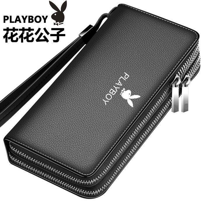 Playboy Official Genuine Men's Double Zipper Clutch Leather Texte Men's Wallet Mobile Phone Bag Men's Large Capacity