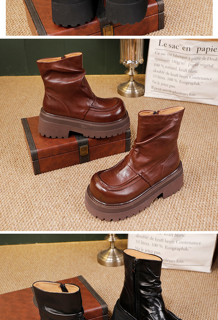 Boot Martin nữ da ngựa cổ ngắn đế dày gót vuông — màu đen, Màu nâu