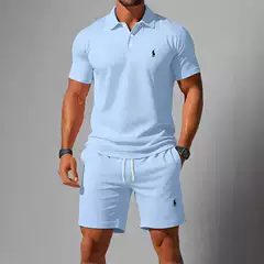 Men's Casual Short Sleeve Polo Set with Button-Down Collar - Solid Color 3D Digital Print for European and American Markets