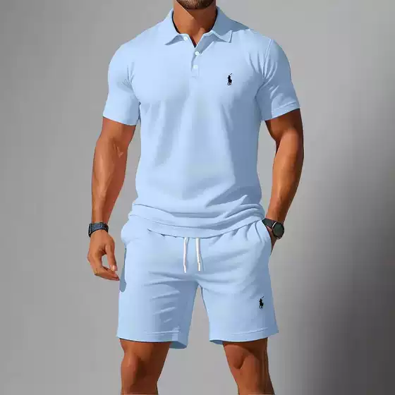 Men's Casual Short Sleeve Polo Set with Button-Down Collar - Solid Color 3D Digital Print for European and American Markets