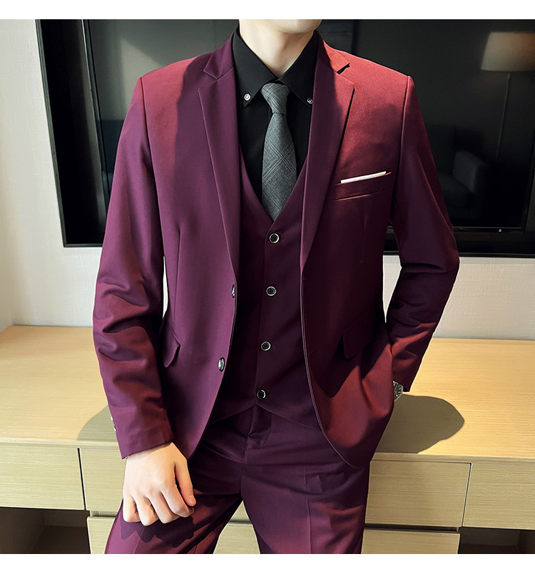 Bộ vest nam ôm dáng ba món phong cách công sở và dự tiệc cưới — Màu xám (áo một nút + áo vest + quần), Màu xanh navy (áo một nút + vest + quần), Màu xám (áo một nút + quần), Màu xám (áo đơn một nút)