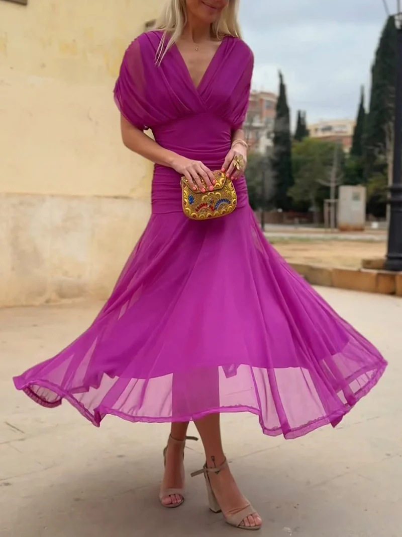 Elegant Womens Solid Color Deep V Neck Mesh Dress Waist Defined Autumn Style Wholesale Available