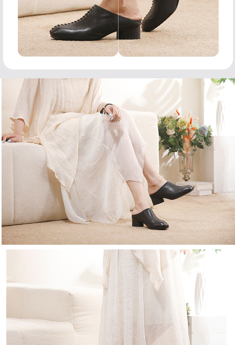 Sandal nữ gót thô bọc mũi da bò thật đế êm phong cách cổ điển — màu đen