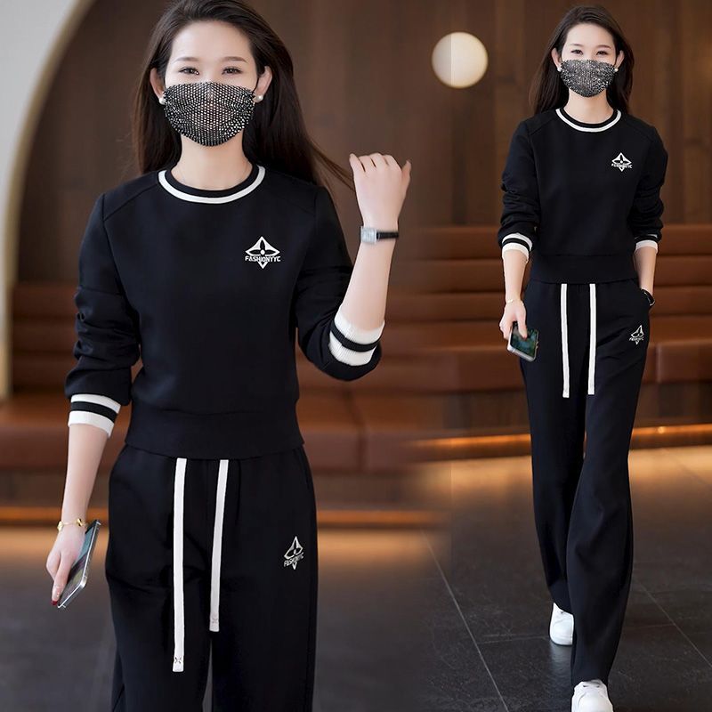 春秋季休闲时尚套装宽松显瘦短款卫衣阔腿长裤运动套装女两件套