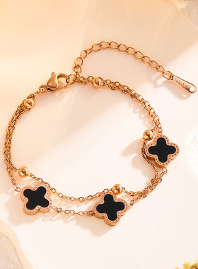 韩版双层双面四叶草手链女小众设计18k玫瑰金钛钢网红百搭手饰品