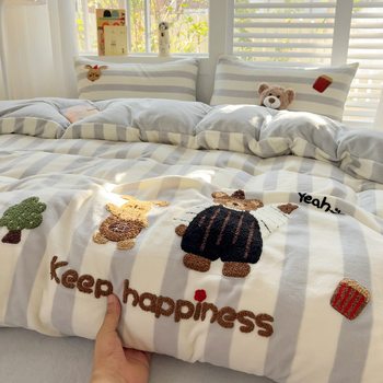 25 New Cartoon Towel Embroidered Milk Velvet Embroidered Four-Piece Set Suitable for Autumn and Winter Thickeneded Bed Sheetss, Quilt Covers and Fitted Bed Sheetss