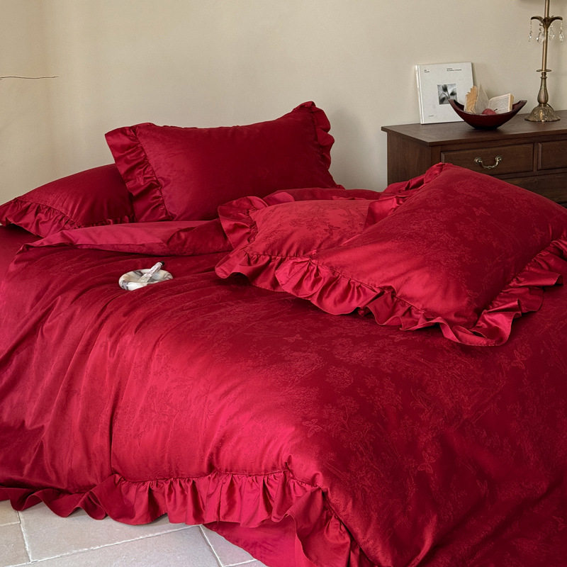 Class A 100 Light Luxury Retro Long-staple Cotton Wedding Four-piece Wedding Red High-grade Pure Cotton Wedding Room Bedding