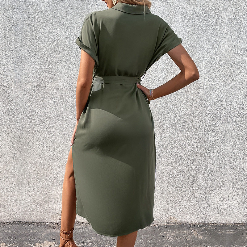 Summer Shirt Dress Vintage Style Simple Design Solid Color Side Slit Casual Wear for Women Wholesale Available