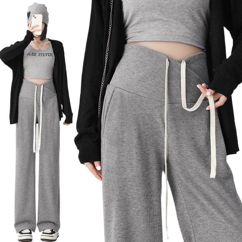 Maternity Pants for Spring and Autumn, Suitable for Wearing Outside, Can Be Worn after Giving Birth, Winter Fleece-Lined, Loose Casual Drawstring Straight Wide-Leg Pants