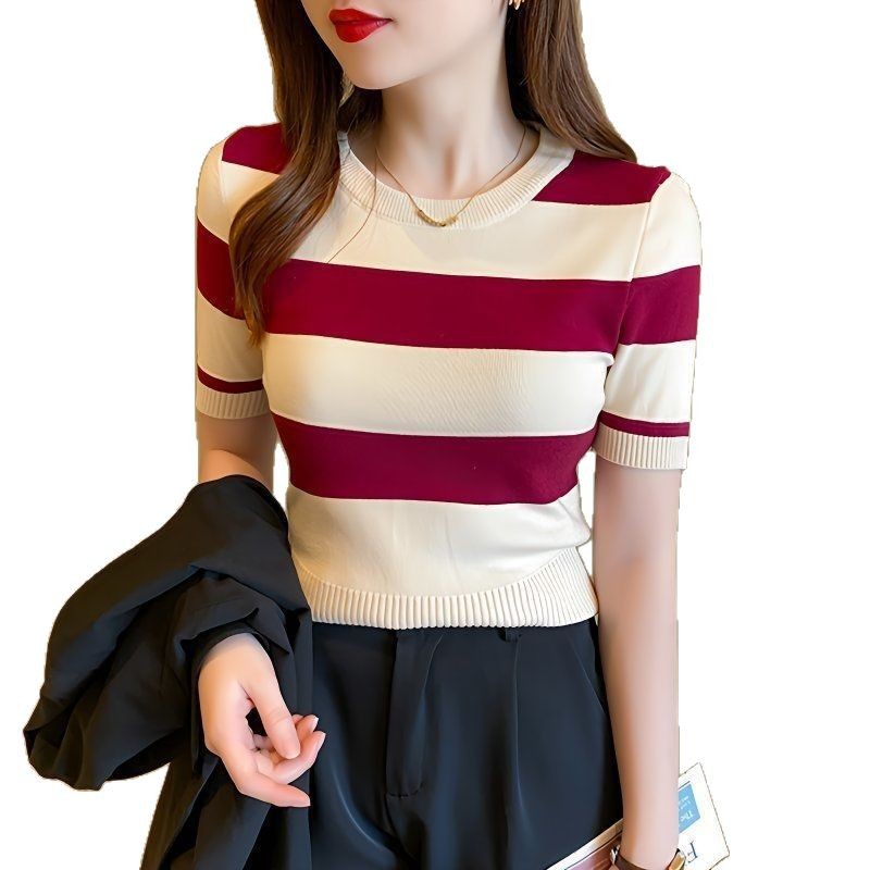 Slim Fit Short Sleeve Knitted T Shirt for Women Ice Silk Fabric Casual Summer Wear Available in Multiple Colors and Sizes
