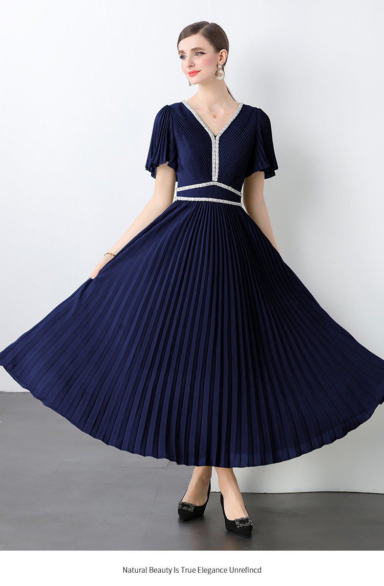 Elegant V Neck Short Sleeve Dress Rhinestone Embellished Waist Defining Pleated Long Skirt Perfect for Formal