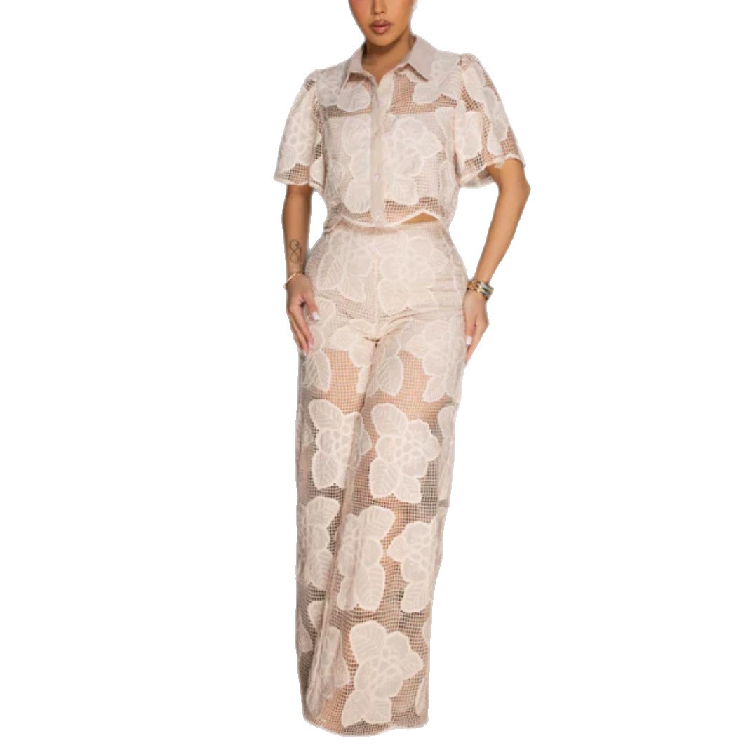 Lace Hollow Out Spliced Short Sleeve Shirt and Long Pants Set Spring Summer Fashion Elegant Casual Wear Wholesale