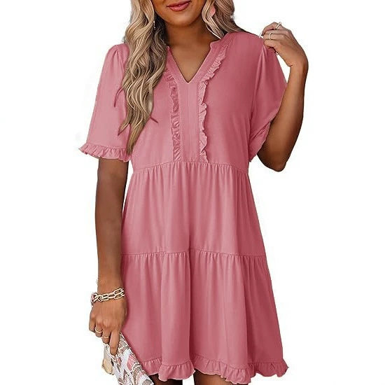Loose Fit V Neck Short Sleeve Dress Solid Color Ruffle Hem Spring Summer Style Wholesale Available