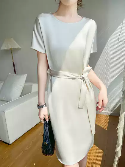 Silk Satin Short Sleeve Dress for Women 2026 Summer New Loose Fitting Flattering Belted Elegant Versatile Long Dress