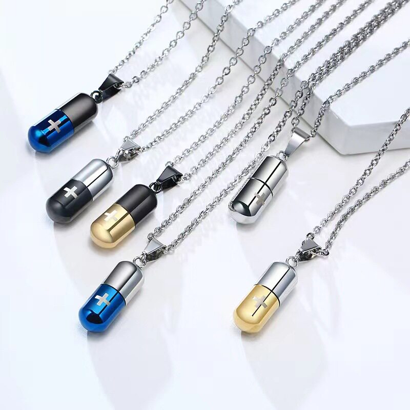 Healing Style Openable Titanium Steel Capsule Pill Necklace ins Trendy People Street Stainless Steel Pendant Hip Hop Accessories