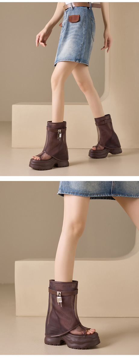 Boot nữ cổ trung lưới khoét hở phối da bò, đế dày tăng chiều cao — Đen có hình, màu đen, Màu nâu, Màu nâu có hình