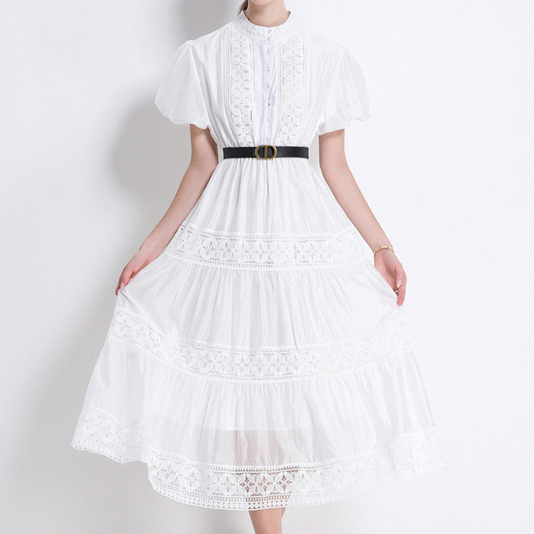 Summer Vintage Lace Hollow Out Long Maxi Dress with Round Neck Button Closure Puff Sleeves and Belt Elegant Womens