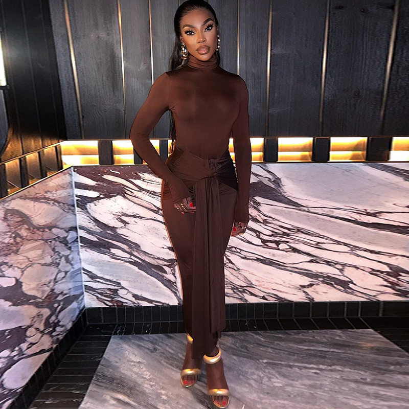 Solid Color Midi Dress Round Neck Long Sleeve Casual Style Streetwear Essential for Trendy Outfits Wholesale