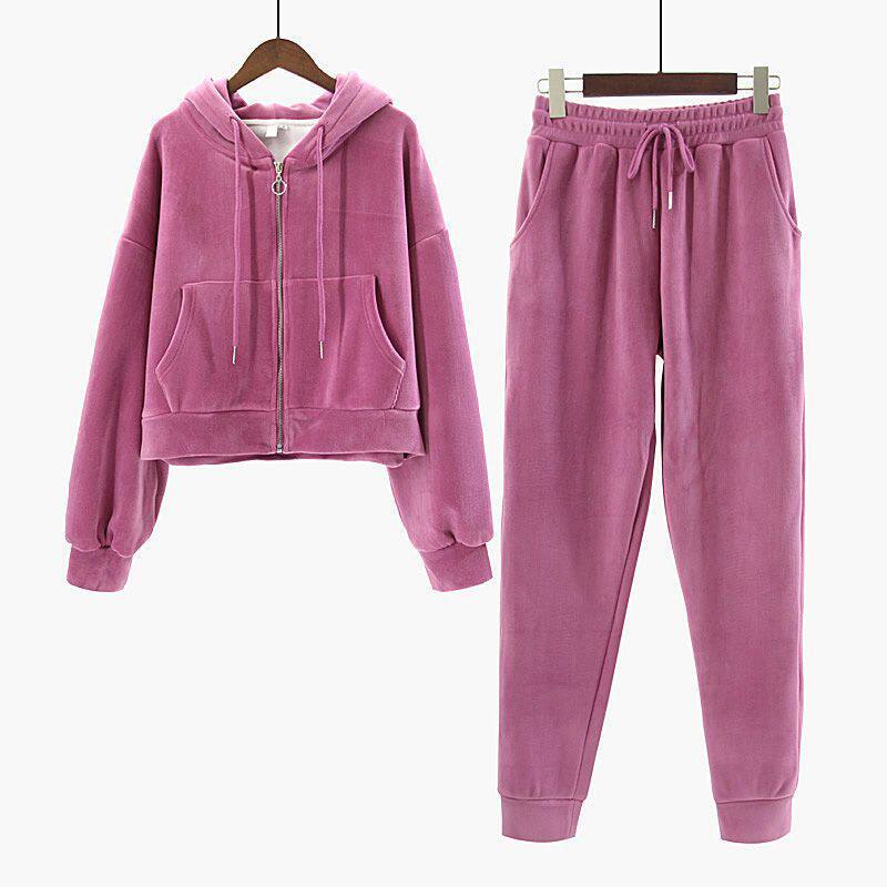 Zippered Velvet Hooded Sweatshirt Jacket Suit Autumn and Winter Slimming Look Fleece-Lined Thickeneded Sports and Leisure Two-Piece Set