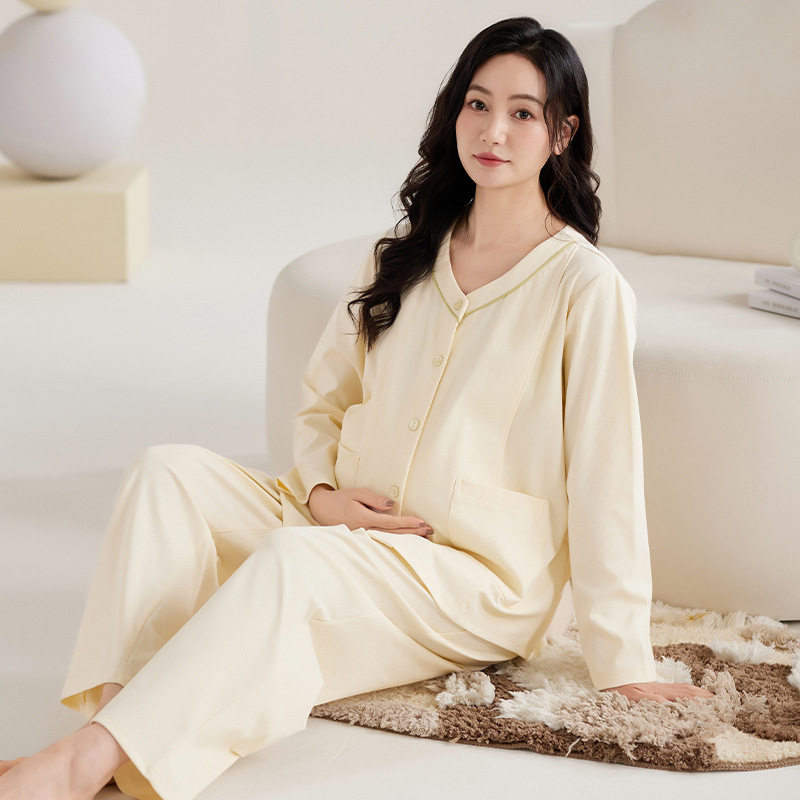 Category 5A Pure Cotton Confinement Clothing Spring and Autum Pure Color Cardigan Maternity Postpartum Breastfeeding Clothing Prenatal Maternity Pajamas for Women