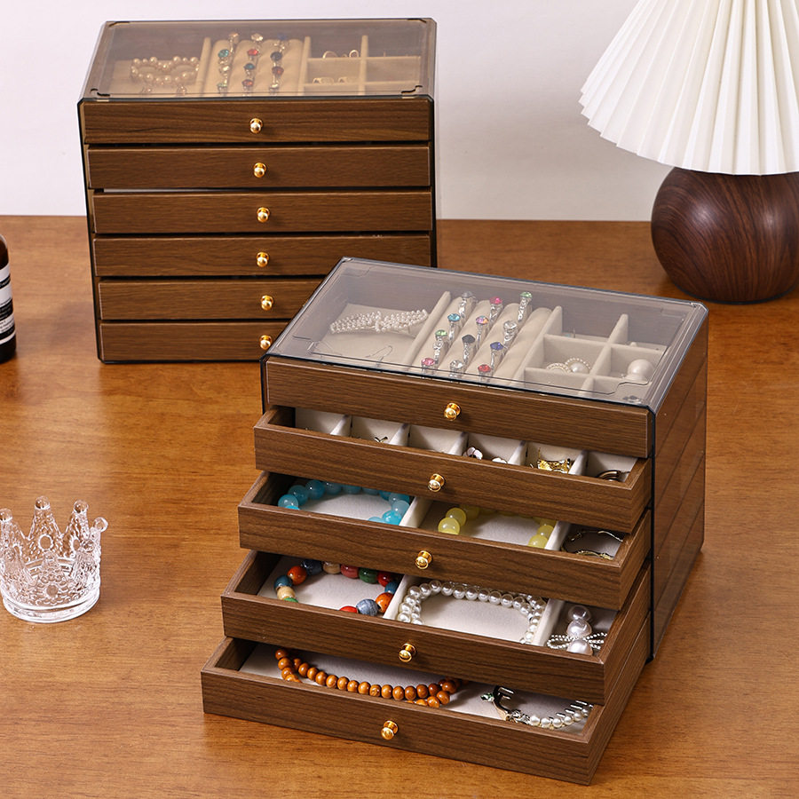 Drawer-Type Jewelry Box Solid Wood Walnut Color Jewelry Box Moisture-Proof and Dust-Proof Three-In-One Jewelry Storage Box Multi-Functional