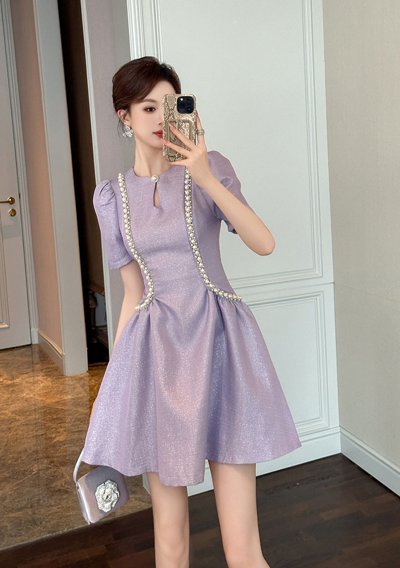 Đầm suông nữ midi cổ tròn tay bồng phong cách Chanel — [Đen], [Champagne] chi tiết 9