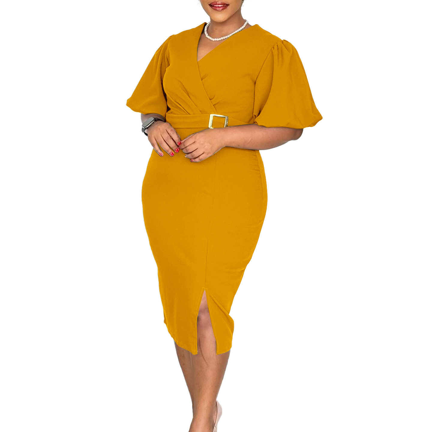 Fashionable V Neck Puff Sleeve Bodycon Dress Solid Color Waist Defined Side Slit Perfect for Parties or Events
