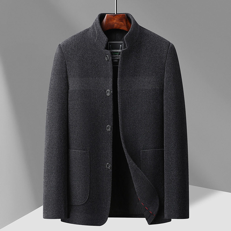 Áo Khoác Dạ Nam Trung Niên Cổ Trụ Dáng Dài Vừa Phong Cách Business Casual Màu Xám Đậm, Nâu