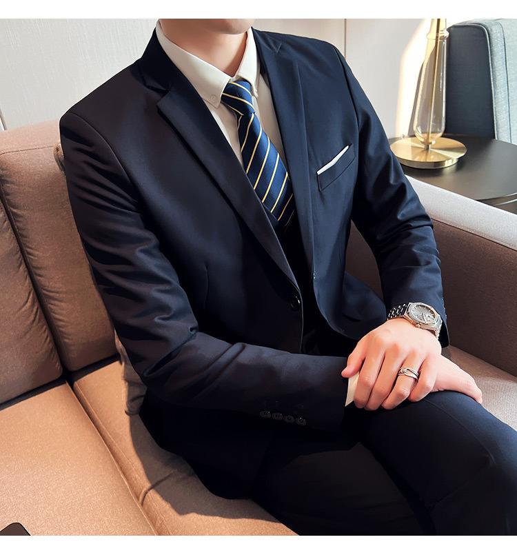 Bộ vest nam ôm dáng ba món phong cách công sở và dự tiệc cưới — Màu xám (áo một nút + áo vest + quần), Màu xanh navy (áo một nút + vest + quần), Màu xám (áo một nút + quần), Màu xám (áo đơn một nút)
